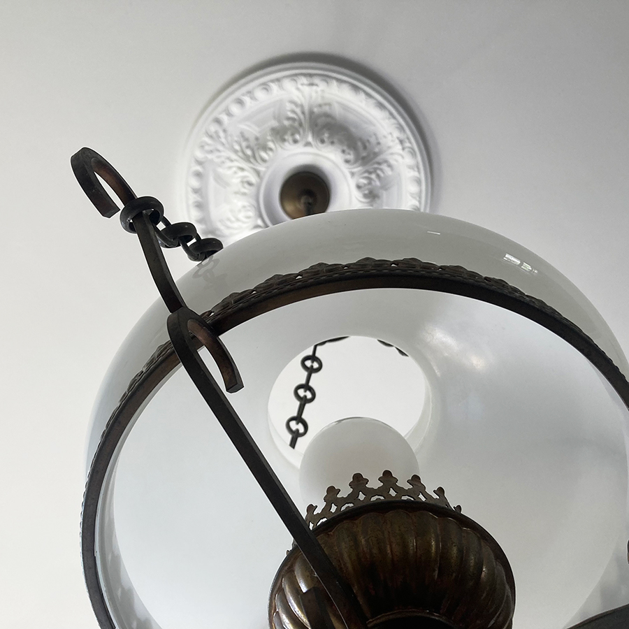 Ancienne Lampe Suspension – Lustre Laiton Et Opaline – Style Rétro Vintage